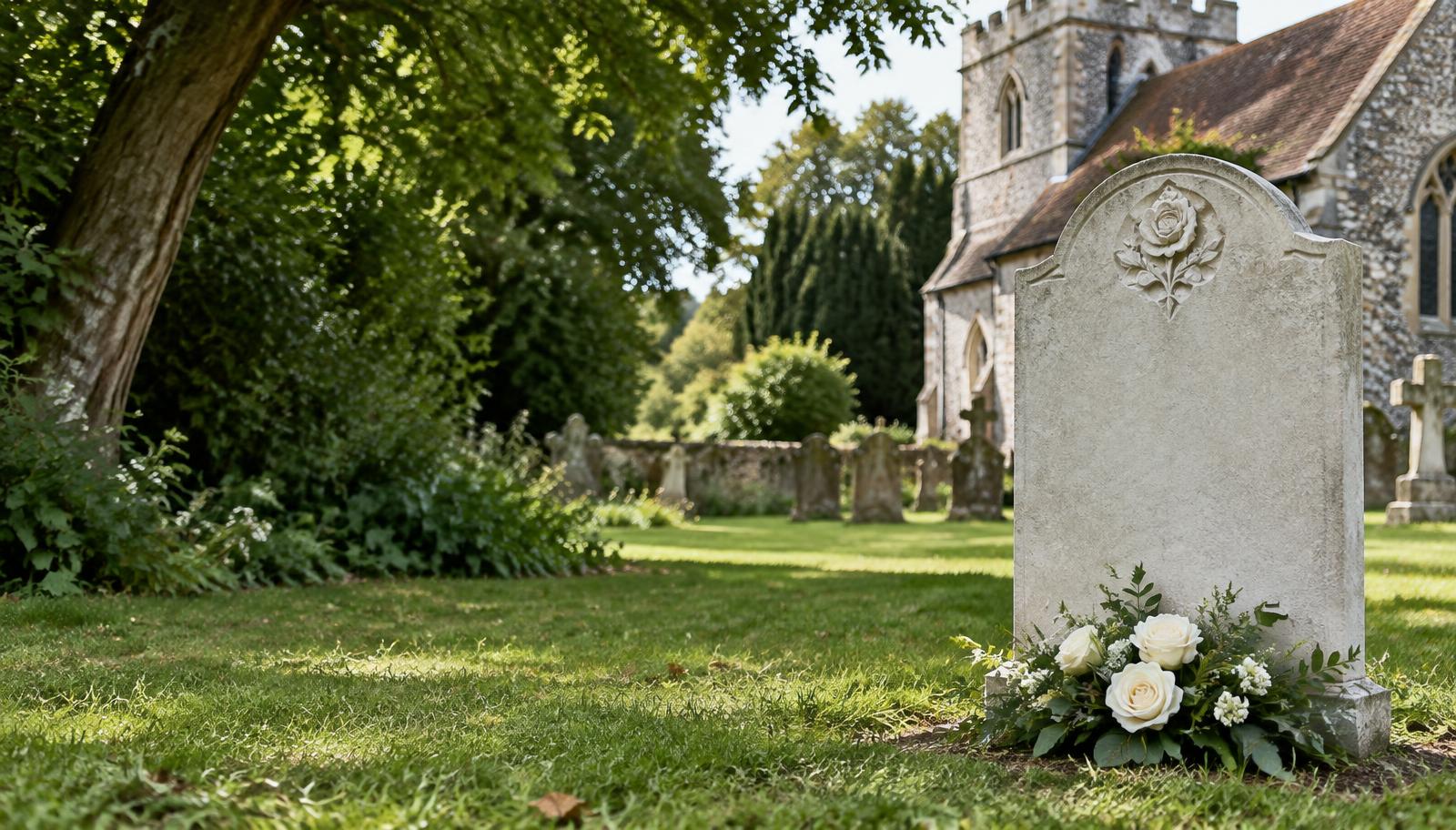 A cared-for memorial with white roses in a leafy churchyard